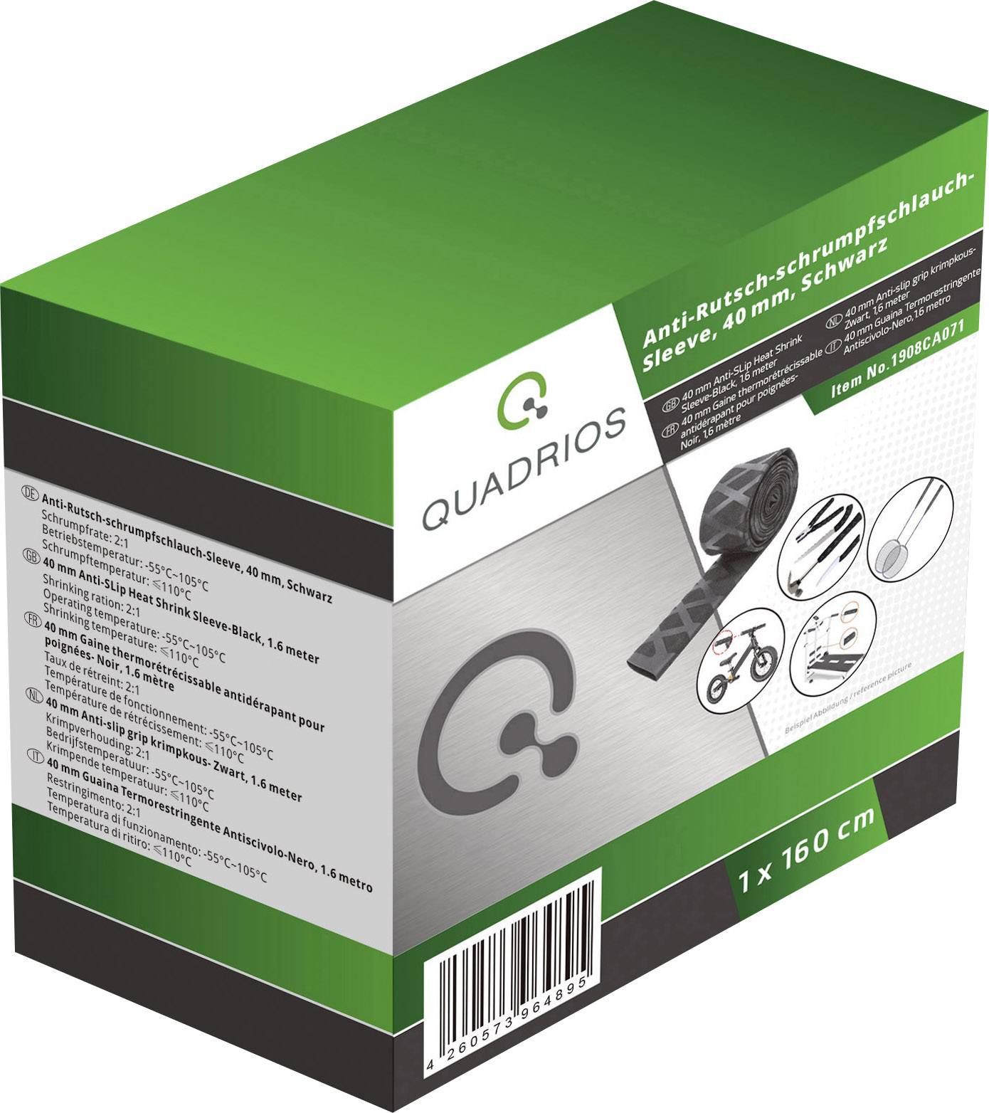 Packaging of a black anti-slip heat-shrink tube by Quadrios. Product image, specifications, and a barcode are visible.