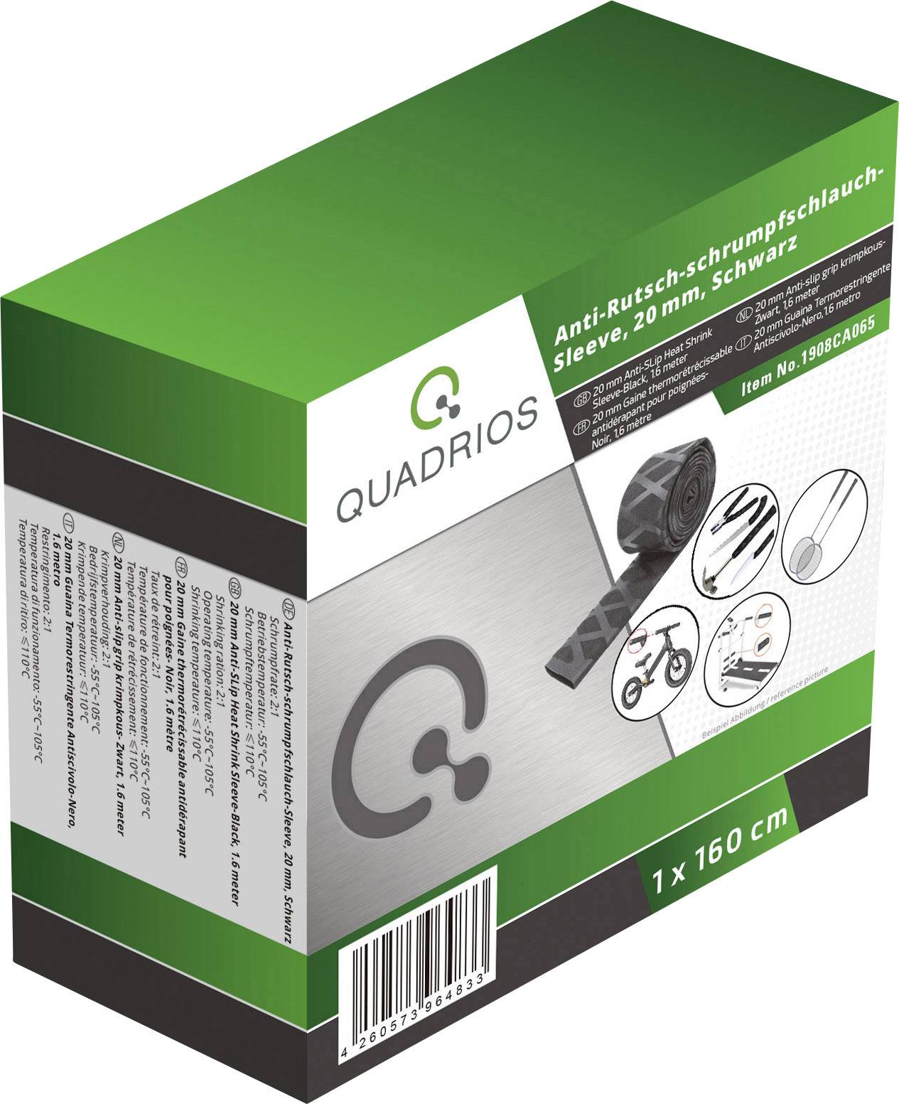'Quadrio Non-Slip Heat Shrink Tube, 20 m, Black.' Packaging design with product photo and application examples.