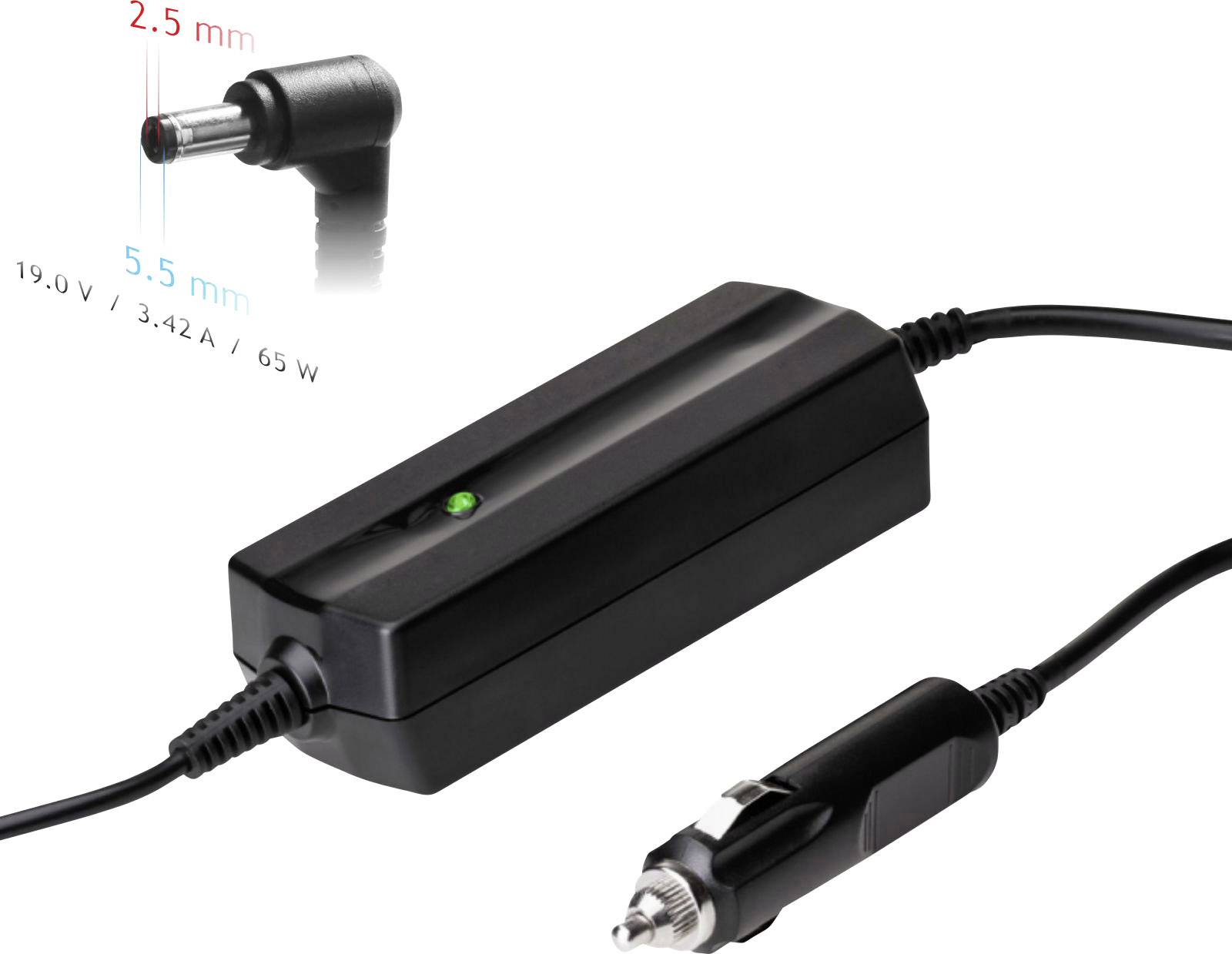 Black-glossy laptop power supply with round plug (2.5 mm inner, 5.5 mm outer), suitable for 19 V, 3.42 A, 65 W.