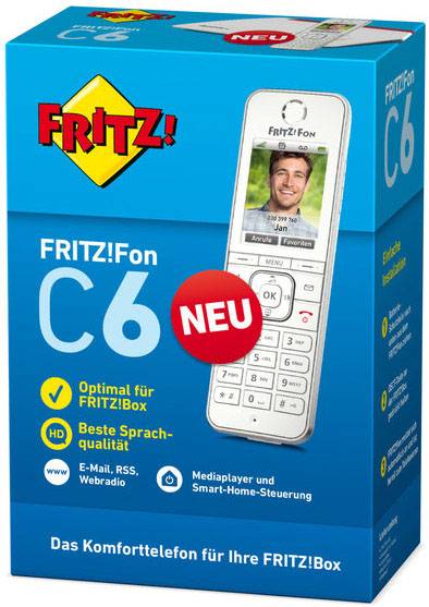 'FRITZ!Fon C6' box with a picture of the telephone. Features include optimal use with FRITZ!Box, superior voice quality, email and media player.