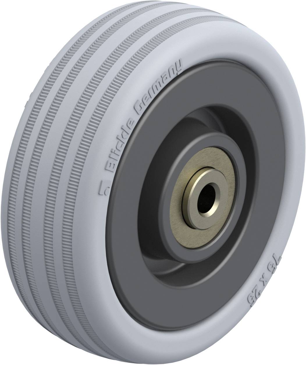Grey plastic wheel with white rubber tyre and metal centre hub, suitable for various transport equipment and furniture.