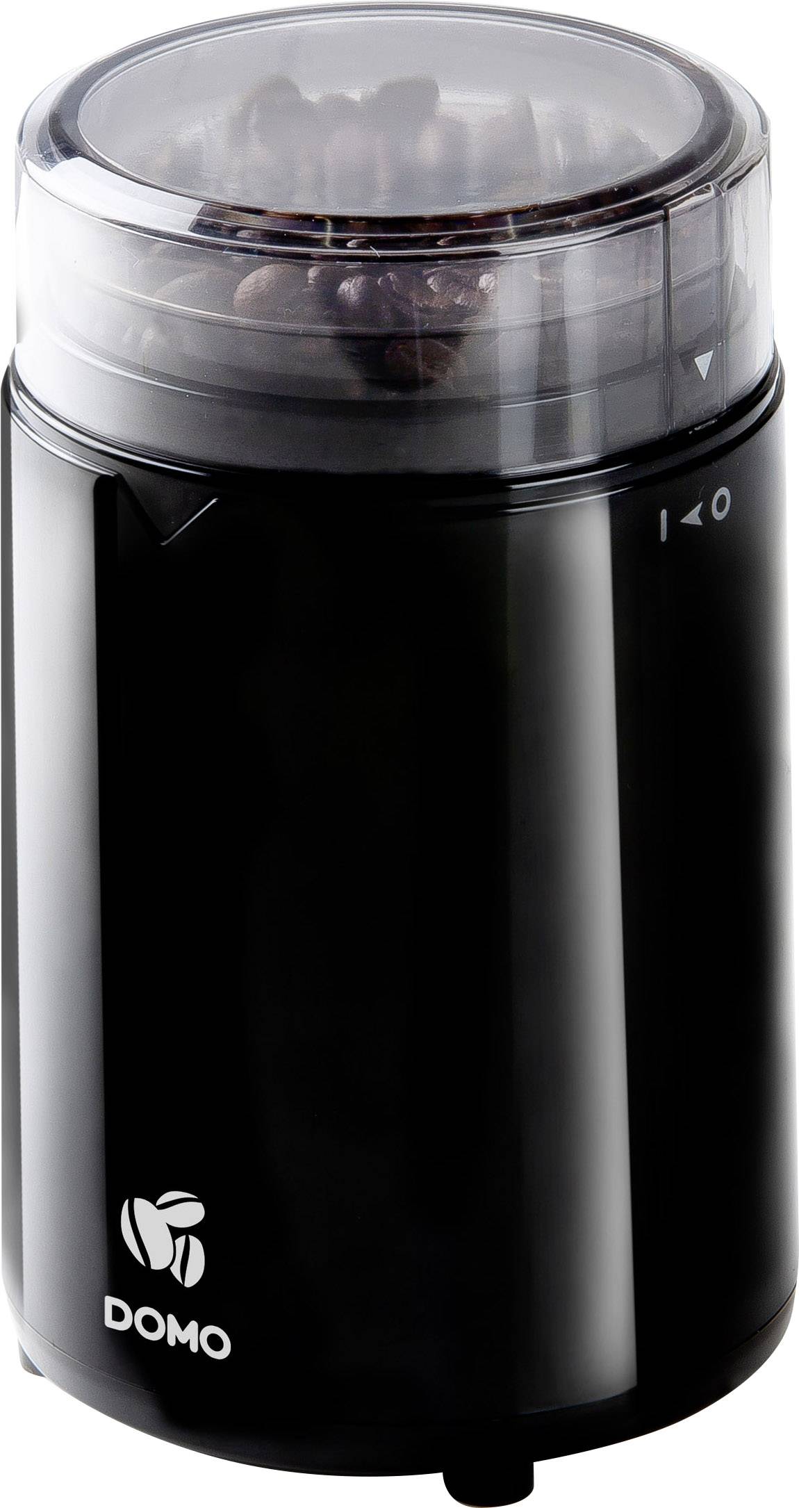 Black electric coffee grinder by DOMO with transparent lid, filled with coffee beans.