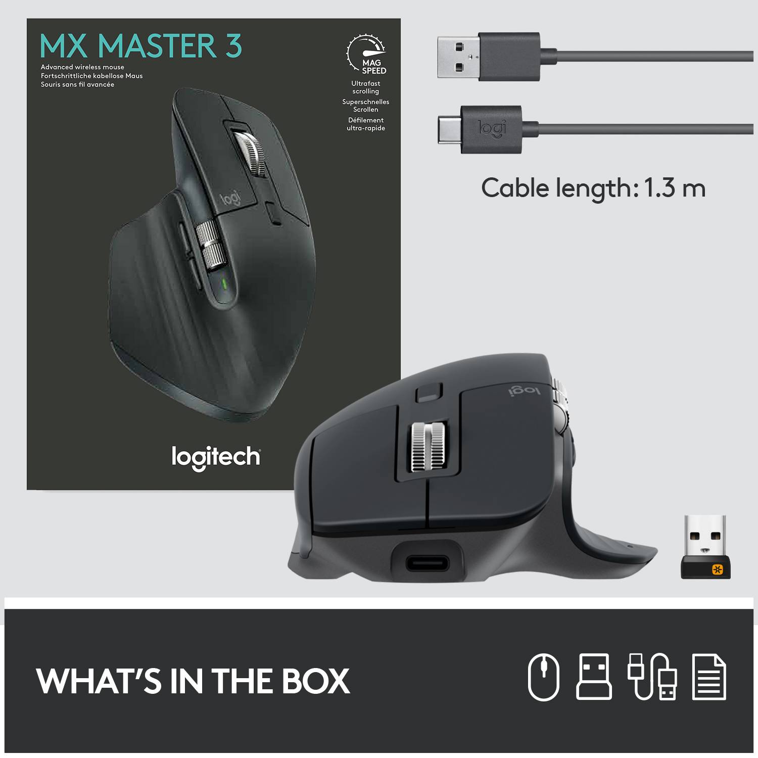 Logitech MX Master 3 Advanced Wireless ergonomic mouse Bluetooth®, Radio Laser Graphite 7 Buttons 4000 dpi Rechargeable, Smart