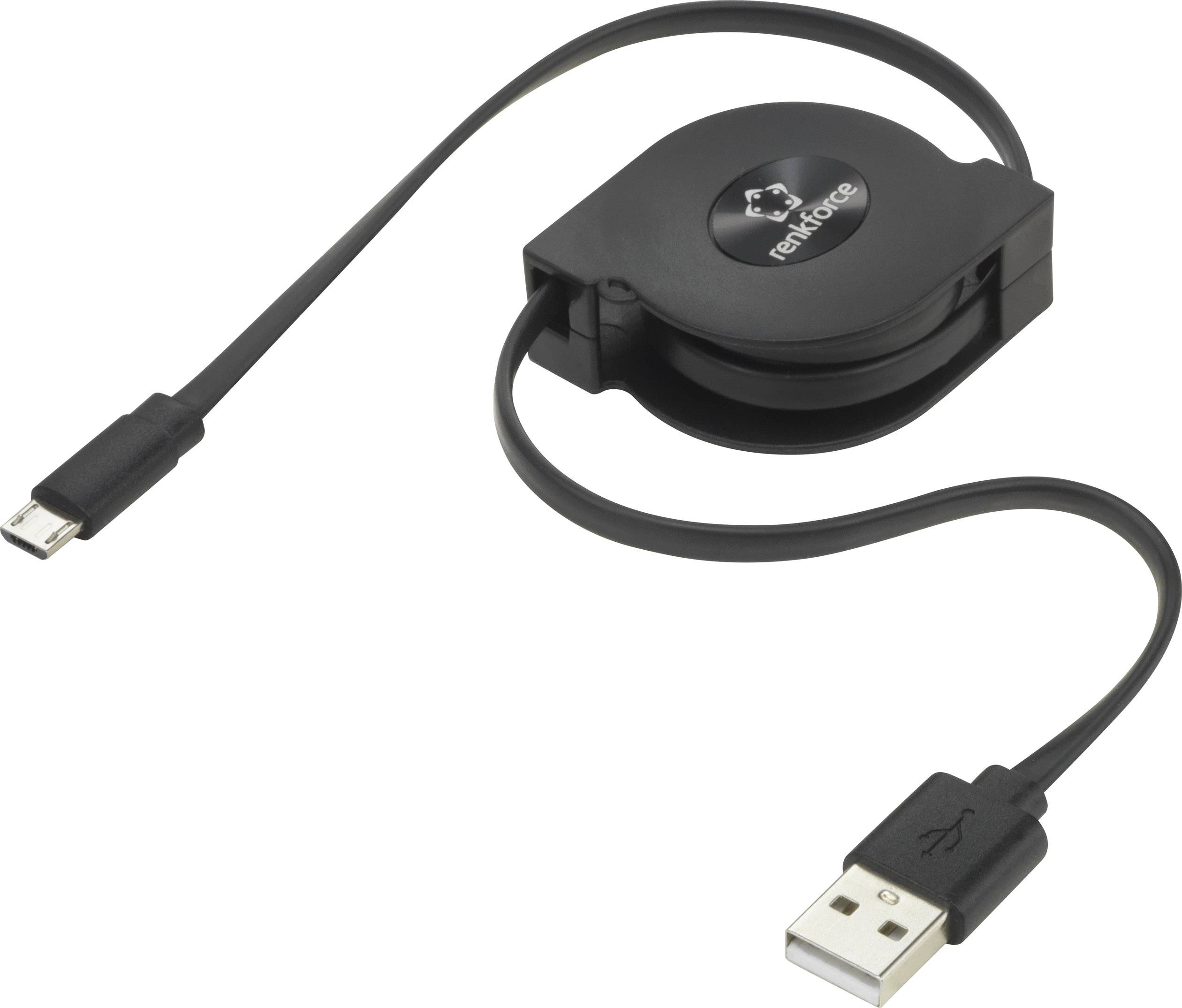A black, retractable USB cable with a micro-USB connector and a standard USB connector on the other end, manufactured by Renkforce.