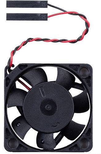 Black computer fan with red and black cable and connector.