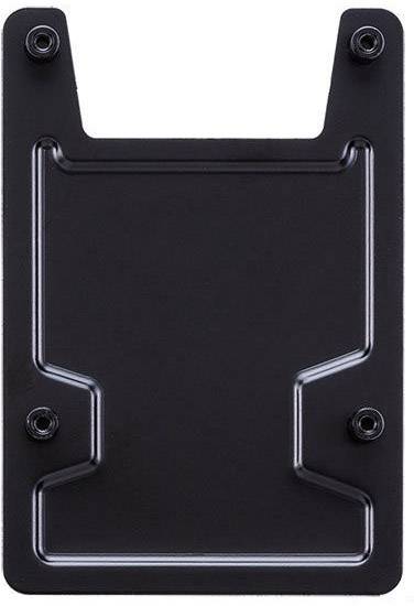 Black metal plate with rectangular shape, four screw holes at the corners.
