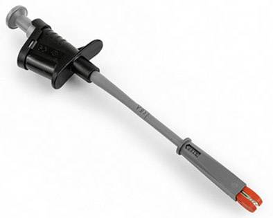 A grey, isolated testing device with a red tip, used for electrical measurements.