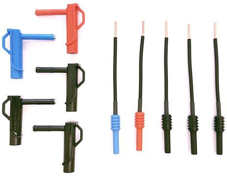 Various measuring leads and test clips in red, blue and black, used for electrical testing.