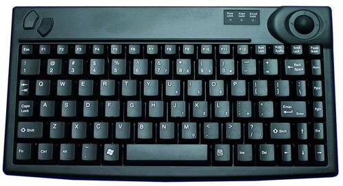 Black QWERTY keyboard with function keys, directional keys and a trackball positioned top right for cursor control.