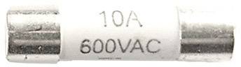 A white cylindrical fuse with metal ends, labelled '10A' and '600VAC', suitable for devices up to 600 volts alternating current.