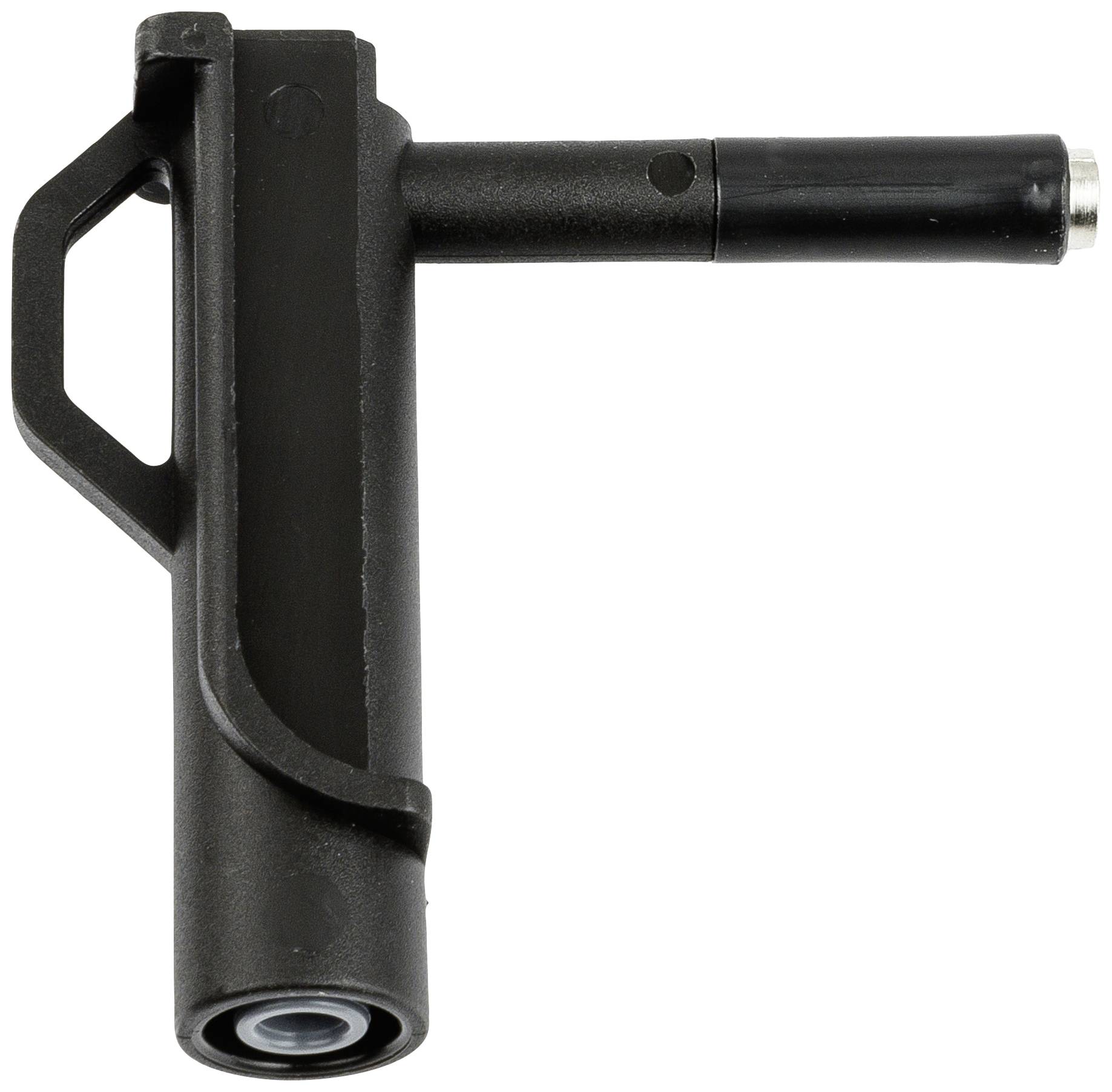 Black tool with an L-shaped handle, likely a valve adapter for pumps, designed for connecting with other equipment.