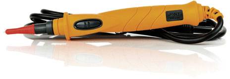 An orange voltage tester with a black cable and switch, lies sideways on a white background.