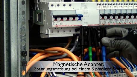 Electrician connects cables to fuse box. Text: 'Magnetic Adapters: Voltage Measurement in a Three-Phase System'.Note: The translation is in British English, preserving the technical terminology and structure of the original German text.