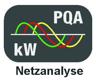 Logo mit grauem Hintergrund, zeigt 'PQA' und 'kW' über einer stilisierten Wellenlinie in Grün, Rot und Gelb. Text darunter: 'Netzanalyse'.
