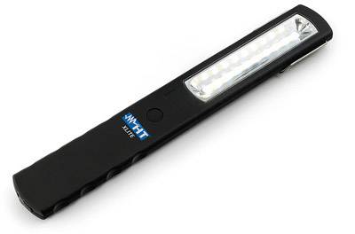 A black, rod-shaped LED light with a clip on the side, suitable for portable lighting.
