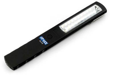 Black portable LED light with blue 'NWT Elite' logo on the front.