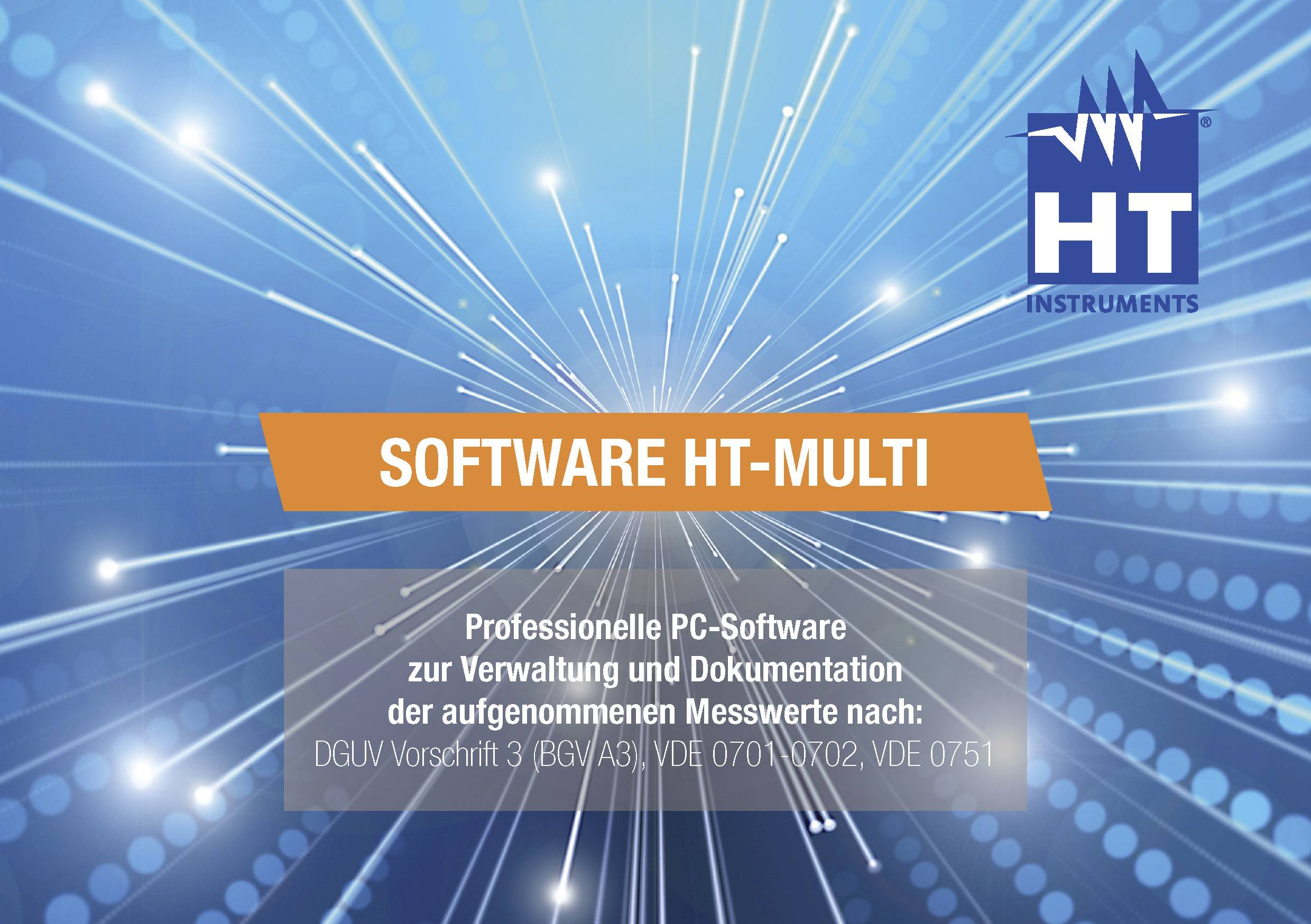 Advertising for the PC software HT-MULTI by HT Instruments for managing and documenting measured values in accordance with specific standards.