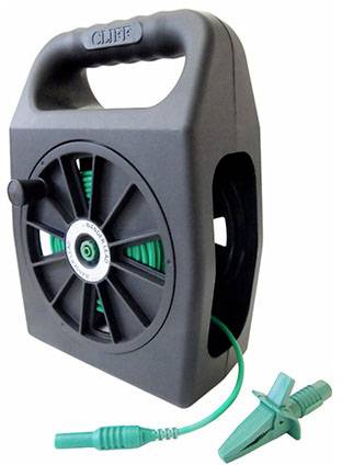 A black cable reel with a green cable and handle. A green clip is located at the end of the cable.