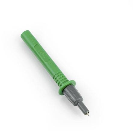 Green voltage testing probe with grey metal tip, used for measuring electrical voltage. Placed on a light background.