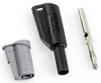 Three components, including a black and grey plastic part and a silver metal part, side by side on a white background.