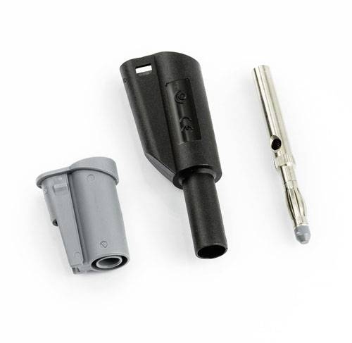 Three parts of an electrical plug: a black housing, a grey plastic component, and a metallic contact pin.