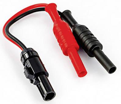 Two coloured adaptor plugs, red and black, connected by a cable. They are used for electrical connections or testing equipment.