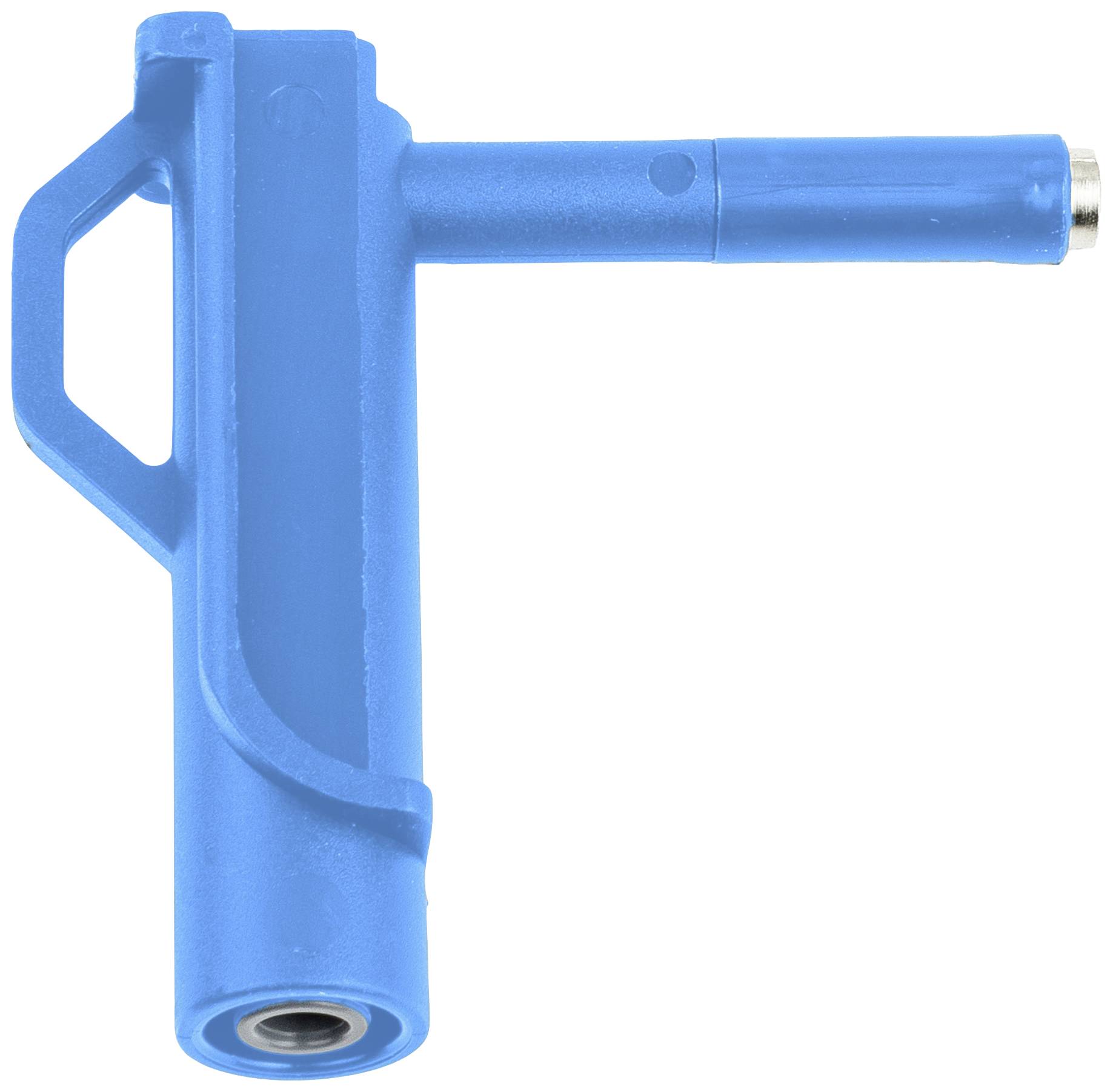 A blue valve key with a T-shape, used for opening or closing valves on tyres or machinery.
