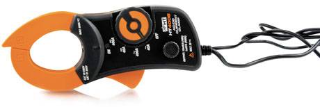 A digital ammeter with an orange clamp attachment and black casing, used for measuring electrical current.