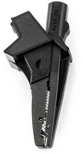 A black plastic crocodile clip, opened, reveals internal metal teeth for electrical connections.