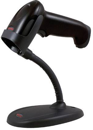 A black handheld scanner on a flexible stand, suitable for use in shops for barcode scanning.