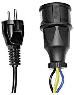 A power plug with a black casing and an adjacent adapter with colourful cables: yellow, blue, and green earthing cable.