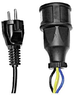 Schuko plug and socket with three connected cables: black, blue, yellow.