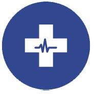 Blue symbol with white cross and heartbeat line in the middle, often associated with medical care or health.