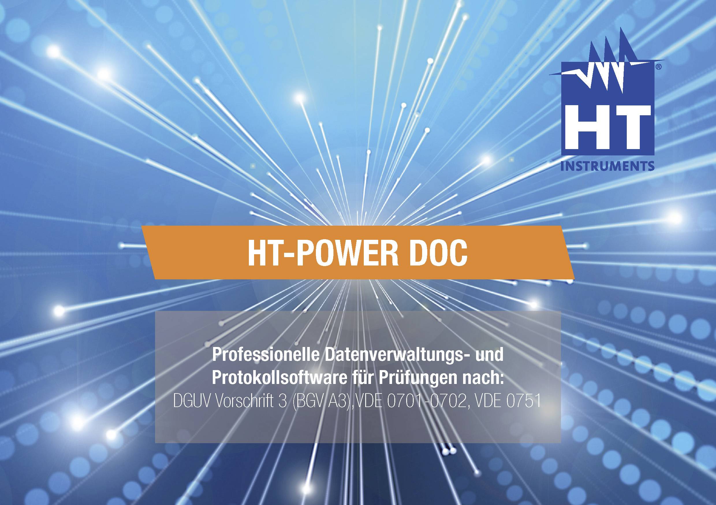 'HT-POWER DOC' and 'Professional Data Management and Logging Software for Inspections according to DGUV Regulation 3, VDE 0701/0702, VDE 0751' against a blue, radiant background.