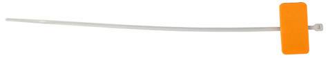 An orange cable tie with a flat rectangular head and a long narrow band, used for bundling or securing objects.