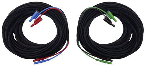 Two black cable reels, each with red, blue and green plugs at one end.