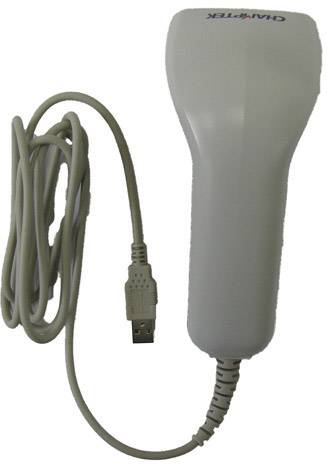A grey handheld scanner with USB connection cable, suitable for reading barcodes.