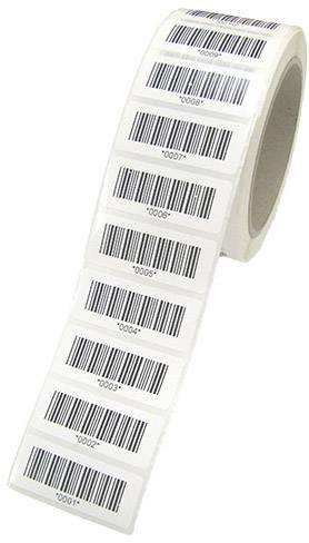 A roll of barcode stickers, with each sticker displaying a unique numerical code, starting from '0001' to '0006'.