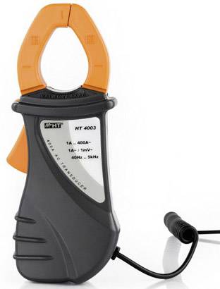 A black and orange electrical current meter with a clip and display, suitable for measuring current strengths and frequencies.