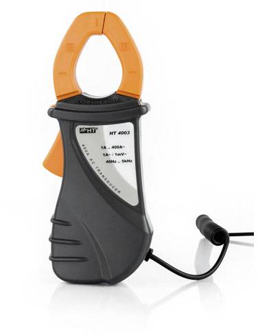 A digital clamp ammeter with orange clamps and a display. It measures current from 1A to 400A and frequencies from 40Hz to 5kHz.