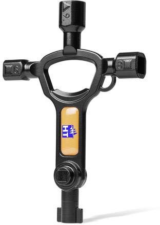 Black universal key with four different tool heads, suitable for various lock types, on a white background.