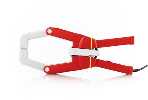 A red and grey plastic spring clamp lying on a white background. It has a closed handle.