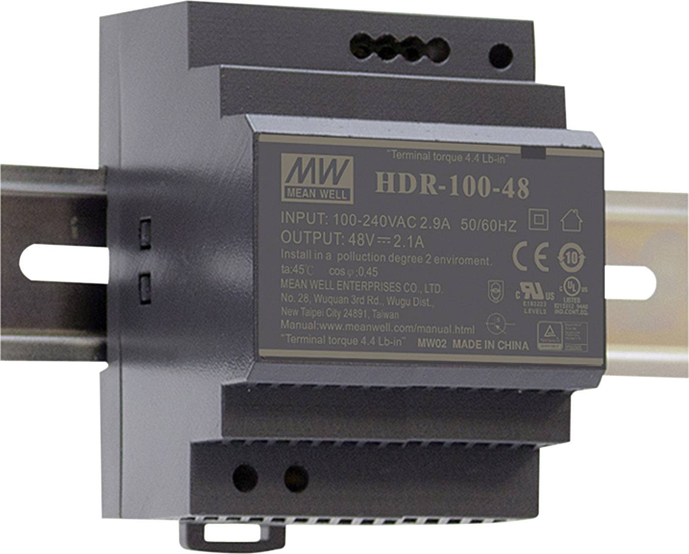 A black Mean Well switched power supply model HDR-100-48 on a DIN rail. Input: 100–240V, Output: 48V, 2.1A.