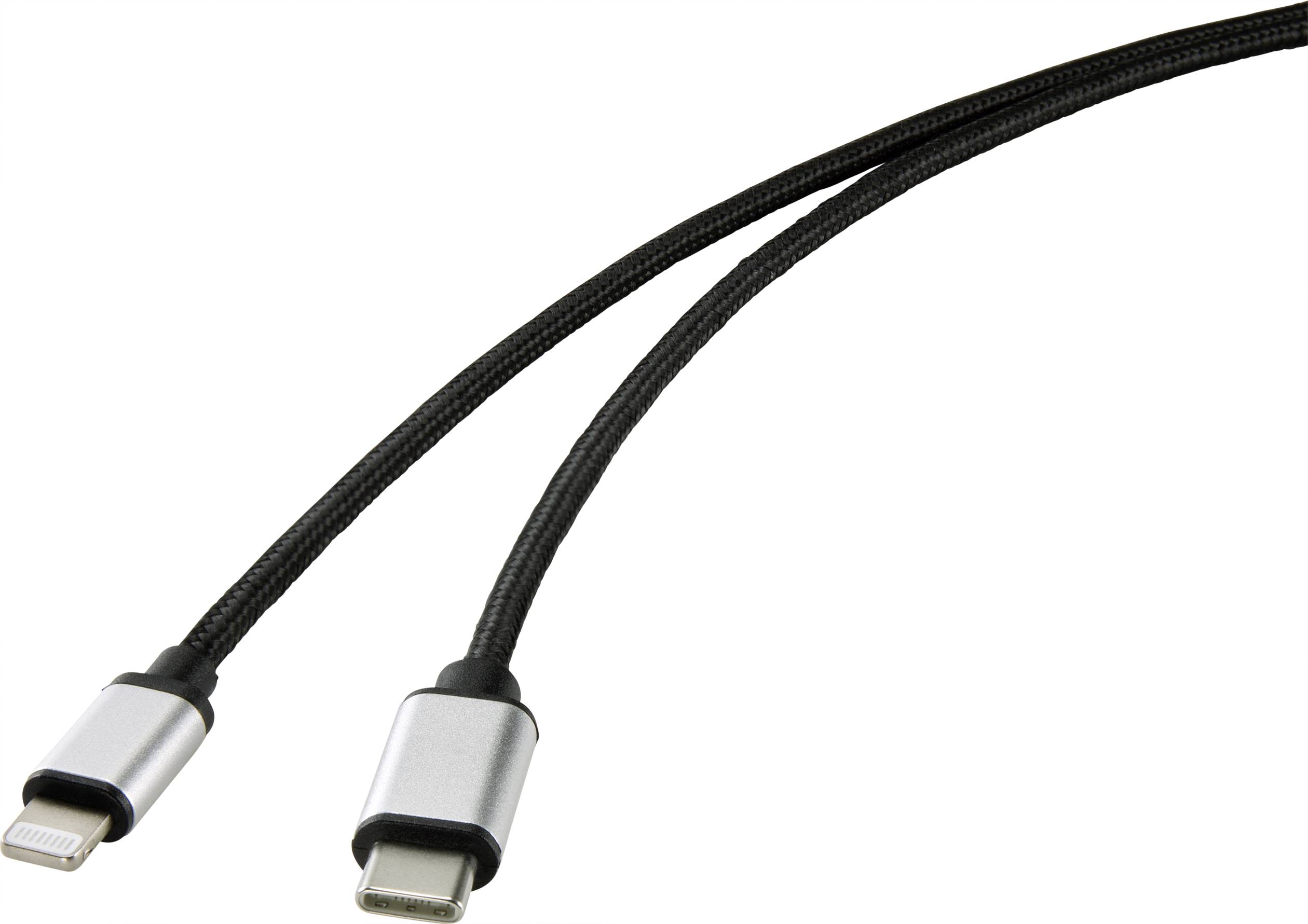 Two braided cables with metal connectors. One cable has a Lightning connector, the other a USB-C connector.