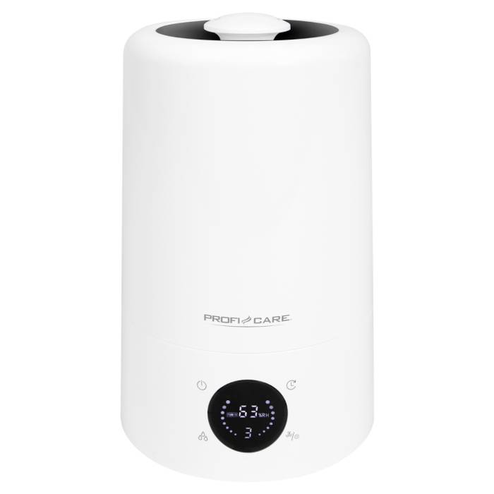 Humidifier with digital display showing 63% humidity and level 3. Device is white and cylindrical.