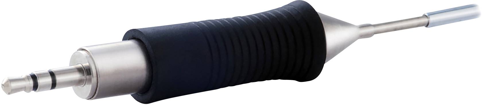 A metallic connector with a black rubber grip, similar to an audio plug, is lying on a white surface.