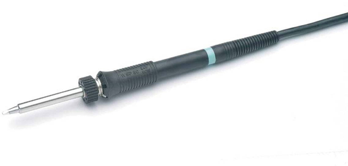 A soldering iron with a metal tip and insulated handle lies on a white background.