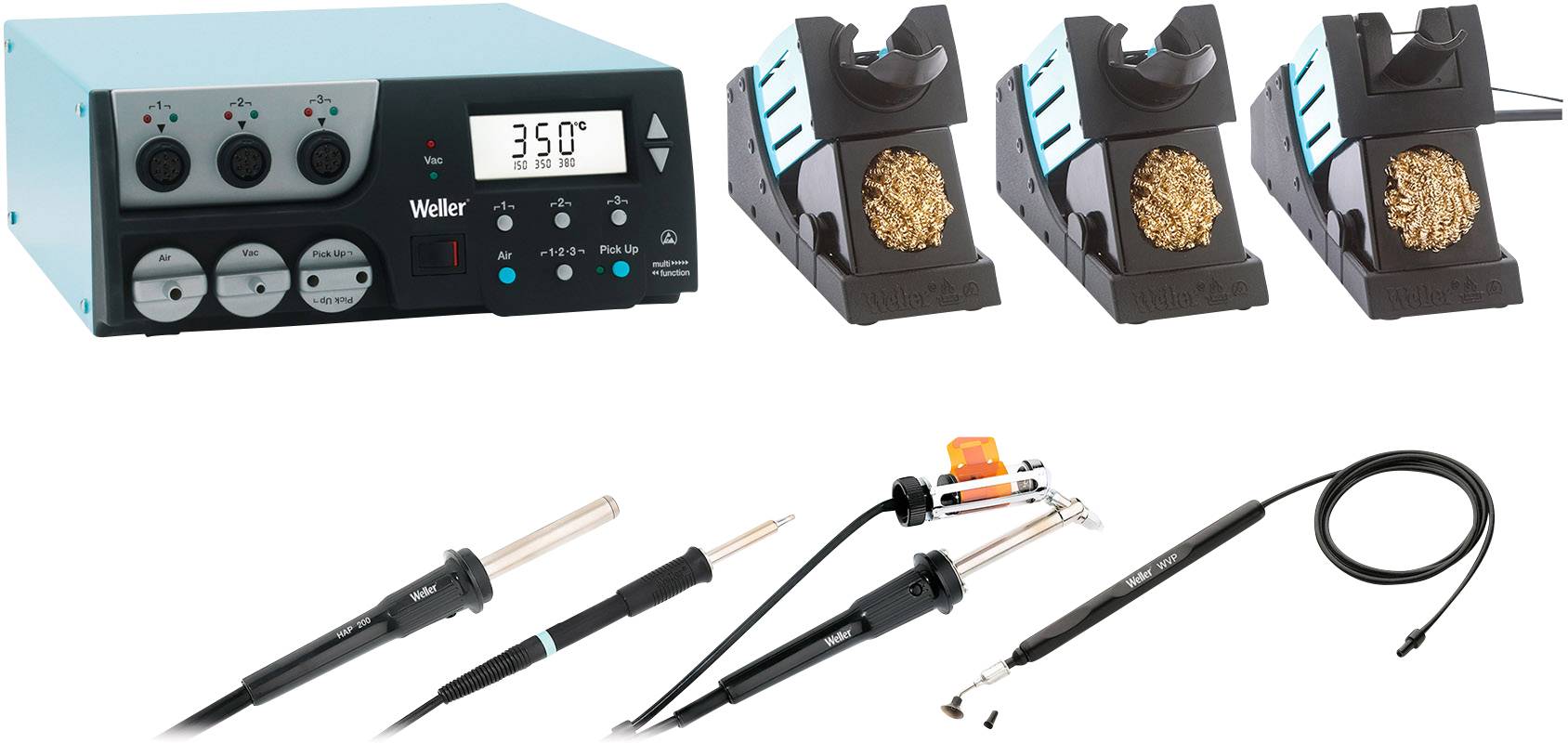 Soldering station with digital display showing 350 degrees, including soldering iron stand and accessories for precise soldering and repairs.