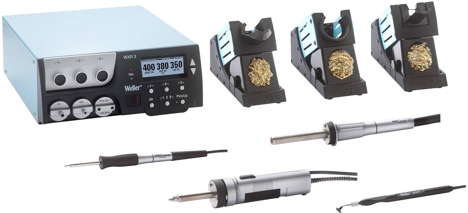 Digital soldering station with variable temperature control and multiple tips. Includes stand with cleaning pads.