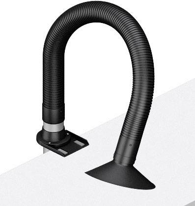 A flexible, black extraction arm is attached to the edge of a table. It is used for extracting vapours or dust.